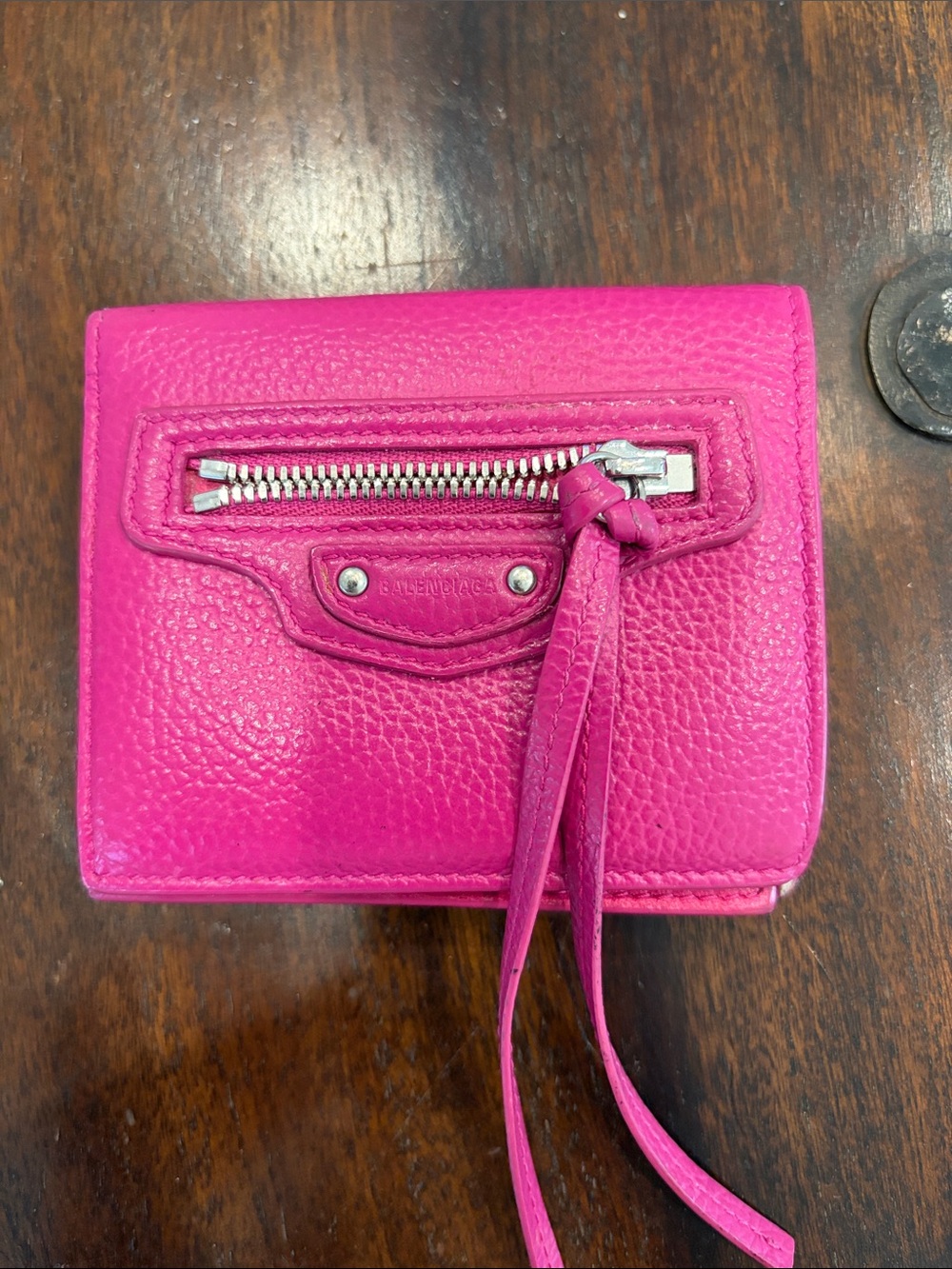 Balenciaga Women's Hot Pink Pebbled Leather Zip Wallet with Tassel